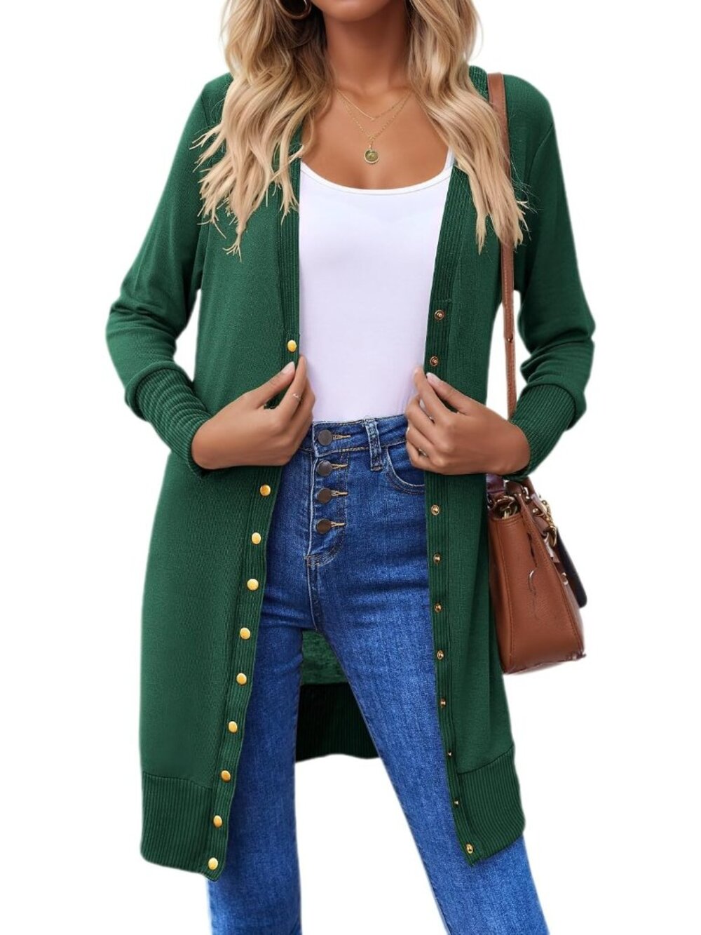 Women's Dark Green Button Down Long Sleeve Lightweight Casual Cardigan Sweaters